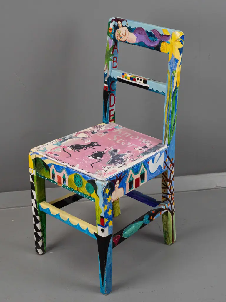 Pamela Brown 1997 -- acrylic & decoupage on child's chair, mermaid, villas, cats, birds etc. H-620 W-290 [some fading to Image 1++