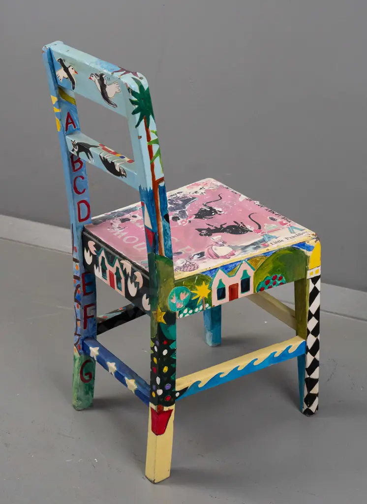 Pamela Brown 1997 -- acrylic & decoupage on child's chair, mermaid, villas, cats, birds etc. H-620 W-290 [some fading to Image 1++