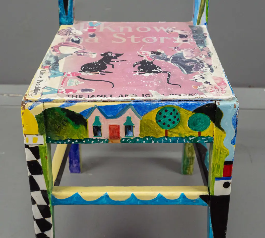 Pamela Brown 1997 -- acrylic & decoupage on child's chair, mermaid, villas, cats, birds etc. H-620 W-290 [some fading to Image 1++
