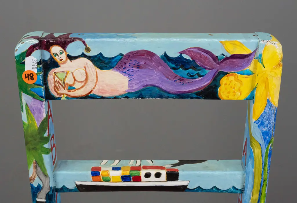 Pamela Brown 1997 -- acrylic & decoupage on child's chair, mermaid, villas, cats, birds etc. H-620 W-290 [some fading to Image 1++