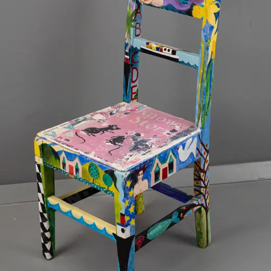 Pamela Brown 1997 -- acrylic & decoupage on child's chair, mermaid, villas, cats, birds etc. H-620 W-290 [some fading to