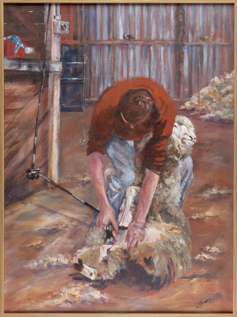 L F Avery -- framed oil on stretched canvas, shearing scene H-595 W-440 Image 1++
