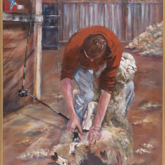 L F Avery -- framed oil on stretched canvas, shearing scene H-595 W-440