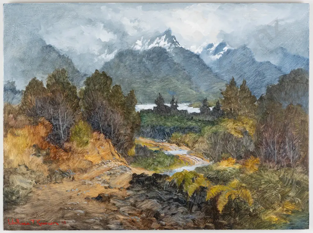 Wallace T Keown 1998 -- framed oil on board "Fifteen Mile Track Lake Te Anau" H-295 W-395 Image 1++