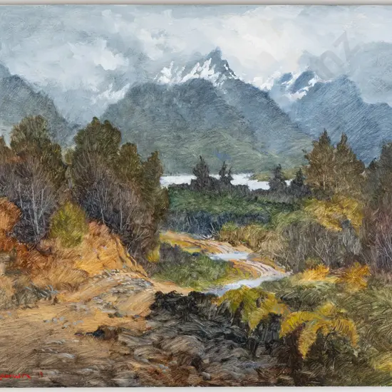 Wallace T Keown 1998 -- framed oil on board "Fifteen Mile Track Lake Te Anau" H-295 W-395