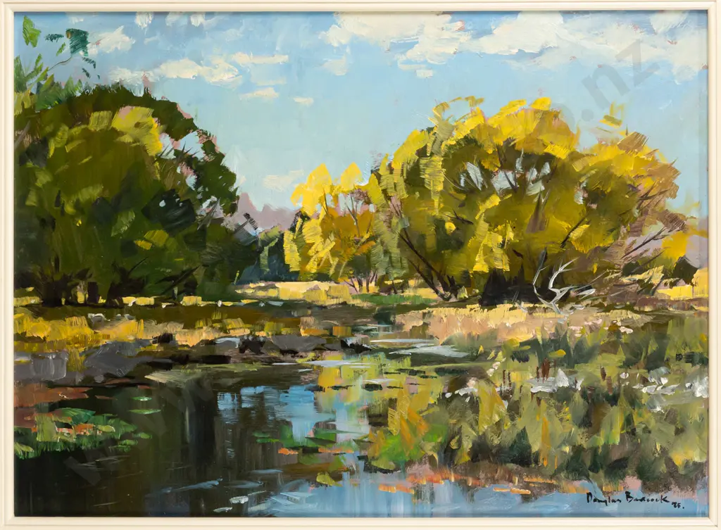 Douglas Badcock 1975 -- framed oil on board "Backwater of the Ahuriri Early Autumn Near Omarama NZ" H-340 W-470 [some Image 1++