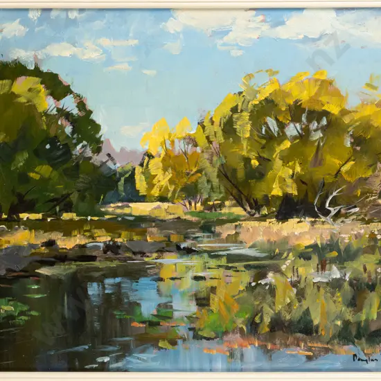 Douglas Badcock 1975 -- framed oil on board "Backwater of the Ahuriri Early Autumn Near Omarama NZ" H-340 W-470 [some