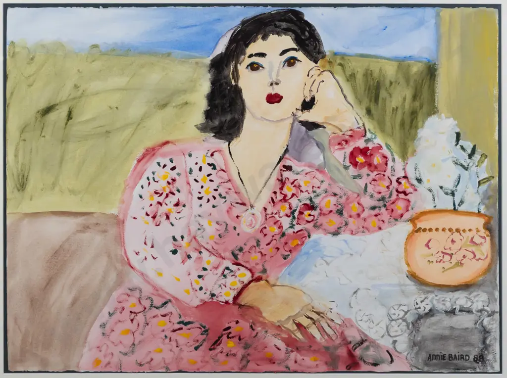 Annie Baird 1988 -- framed acrylic & wash on paper, portrait, H-575 W-770 Image 1++