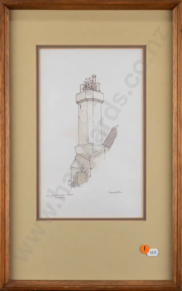 Daniel Miles(?) -- framed ink & wash on paper "Cnr James & Lees Street Dunedin" H-255 W-155 [small scratch to glass] Image 1++
