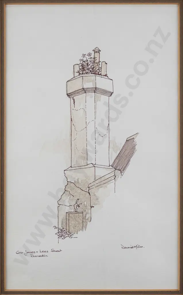 Daniel Miles(?) -- framed ink & wash on paper "Cnr James & Lees Street Dunedin" H-255 W-155 [small scratch to glass] Image 1++