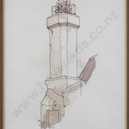 Daniel Miles(?) -- framed ink & wash on paper "Cnr James & Lees Street Dunedin" H-255 W-155 [small scratch to glass]
