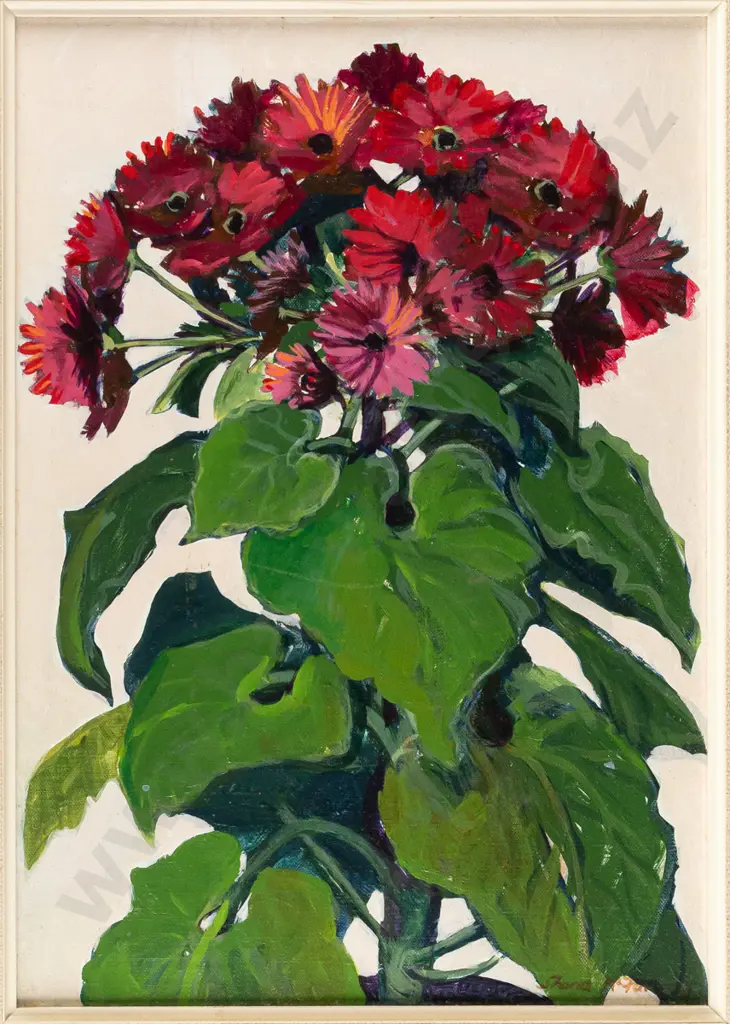 Shona McFarlane -- framed oil on board, "Cinerarias" H-325 W-225 Image 1++
