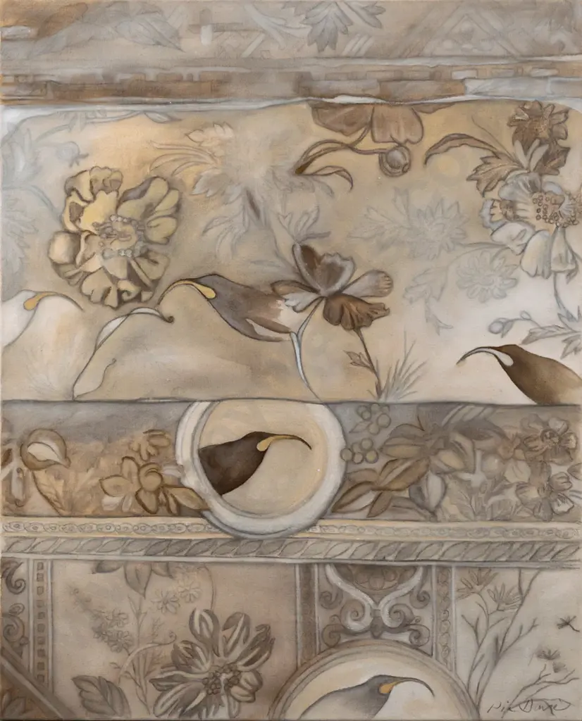 Pia Davie 2005 --  pencil & acrylic on stretched canvas "Huia Wallpaper I" H-750 W-600 Image 1++