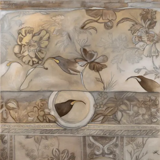 Pia Davie 2005 --  pencil & acrylic on stretched canvas "Huia Wallpaper I" H-750 W-600