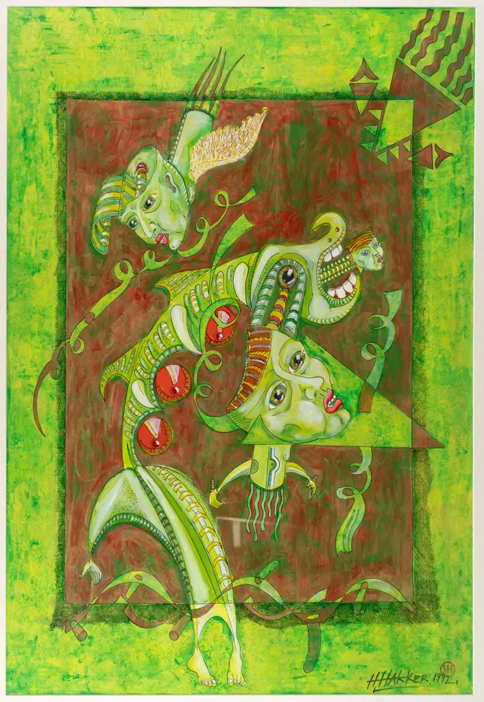 Hans Hakker 1992 -- framed ink and metallic paint on paper, surreal figures H-870 W-615 Image 1++