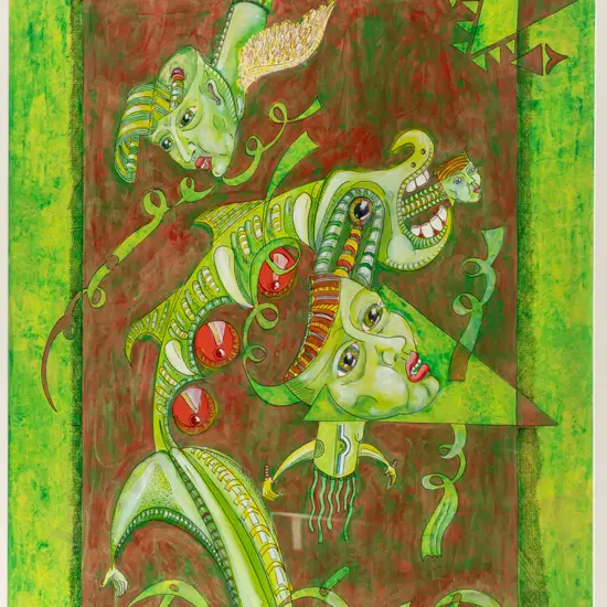 Hans Hakker 1992 -- framed ink and metallic paint on paper, surreal figures H-870 W-615
