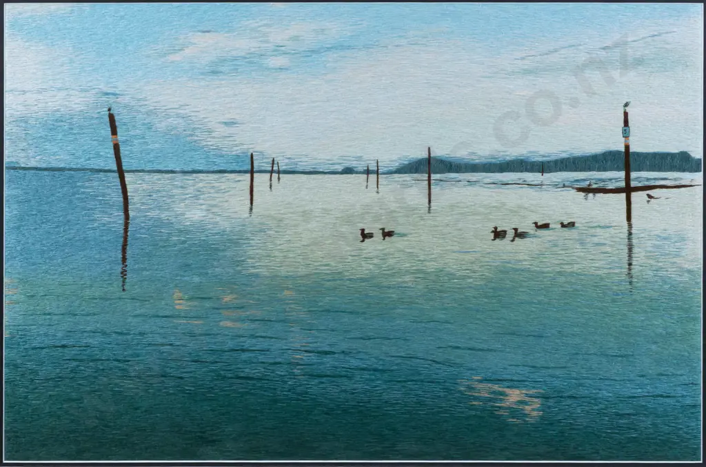 Chan Thien My -- framed Vietnamese embroidery, coastal scene with waterfowl H-390 W-580 Image 1++