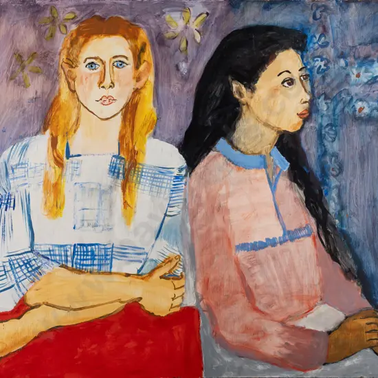 Annie Baird 1985 -- unframed acrylic on board, double portrait, H-600 W-900