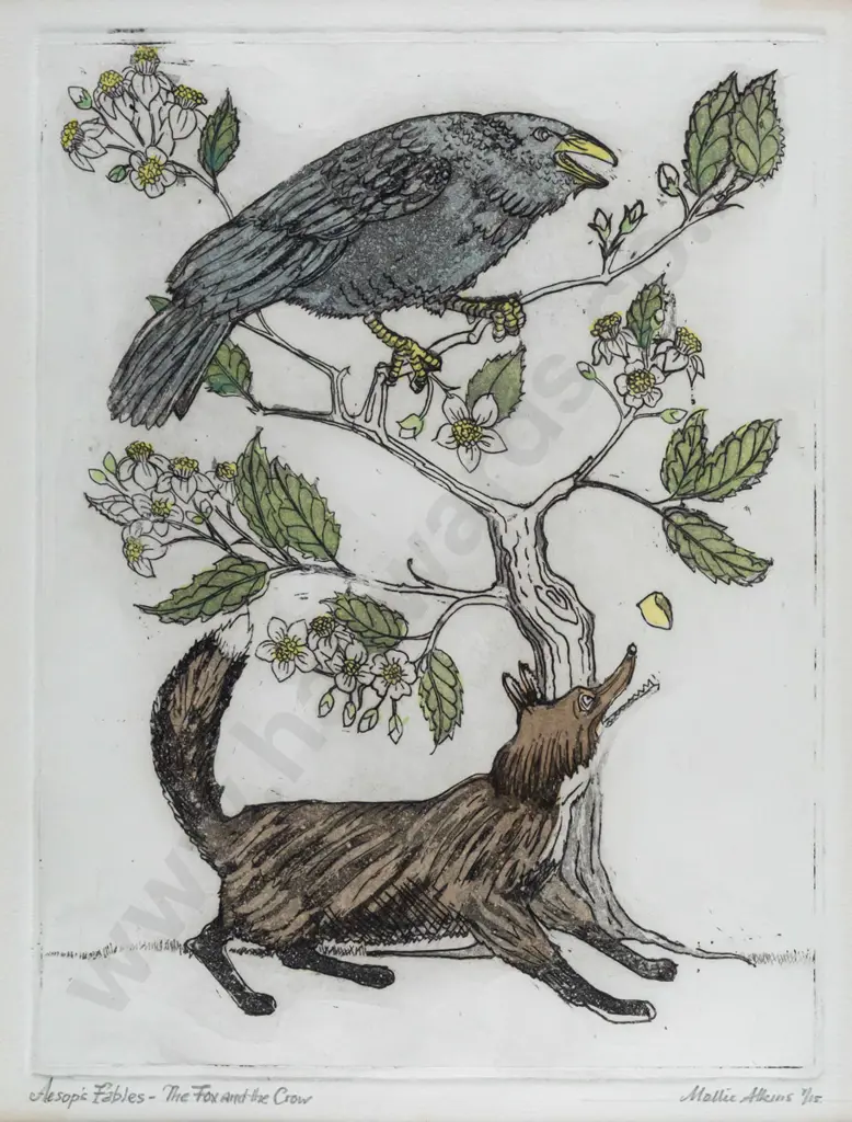 Mollie Atkins -- framed etching & aquatint on paper "Aesop's Fables - The Fox and the Crow" ed. 7/15 H-270 W-210 Image 1++