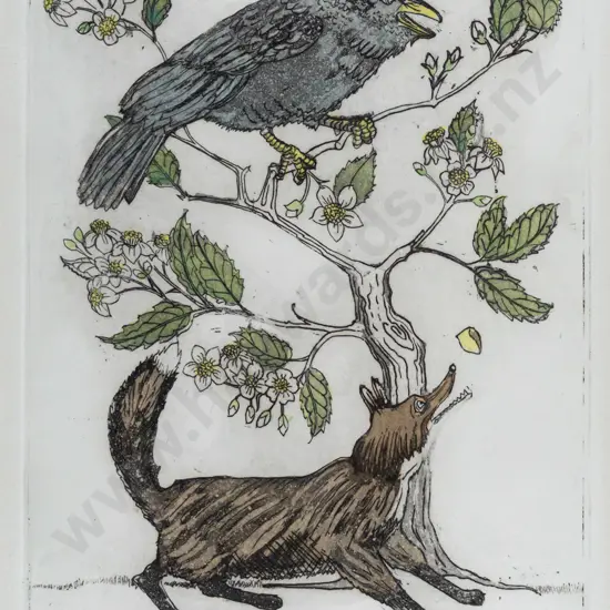 Mollie Atkins -- framed etching & aquatint on paper "Aesop's Fables - The Fox and the Crow" ed. 7/15 H-270 W-210