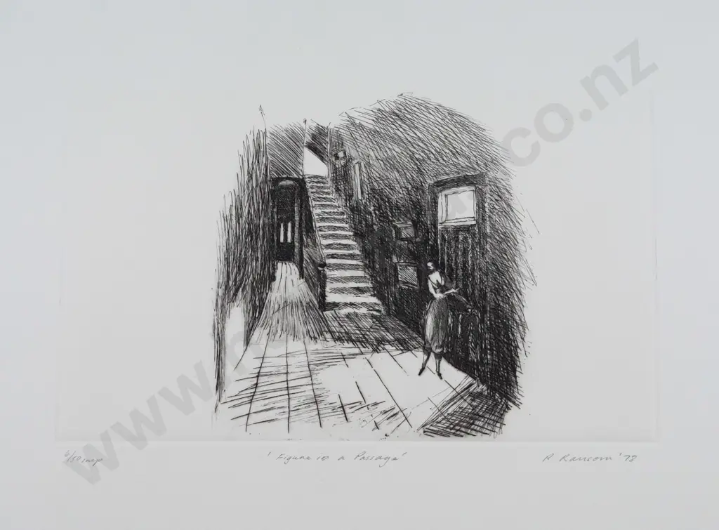 Peter Ransom 1978 -- unframed etching on paper "Figure in a Passage" ed. 6/50 H-375 W-525 [creases to top corners which Image 1++