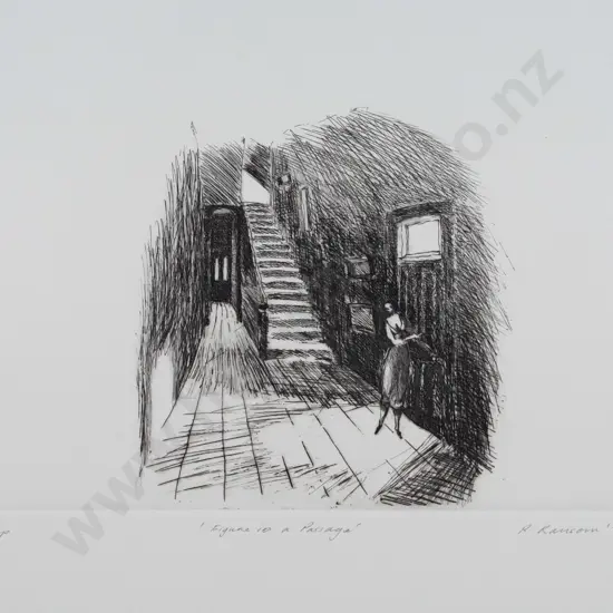 Peter Ransom 1978 -- unframed etching on paper "Figure in a Passage" ed. 6/50 H-375 W-525 [creases to top corners which