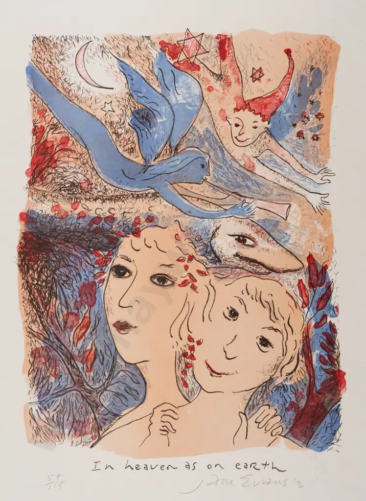 Jane Evans 1996 -- unframed lithograph "In Heaven as on Earth" ed. 57/115 H-535 W-380 [light buckling/creasing to top Image 1++