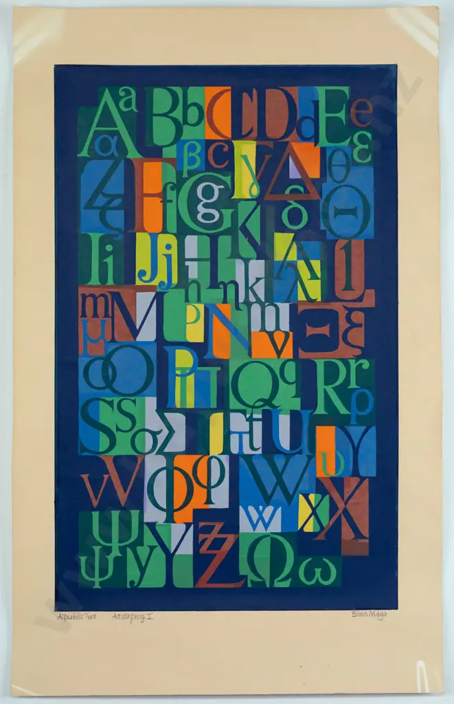 Eileen Mayo 1982 -- unframed screenprint on paper "Alphabets Two" artist's proof I H-470 W-295 [light crease to left Image 1++