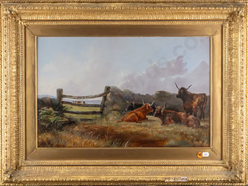 G. Brown [19th c. Scotland] 1874 -- gilt-framed oil on board "Repose" H-280 W-440 [damage to frame lower limb, pieces Image 1++