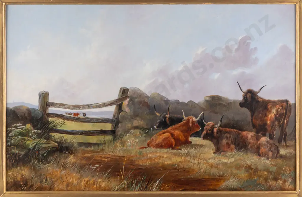 G. Brown [19th c. Scotland] 1874 -- gilt-framed oil on board "Repose" H-280 W-440 [damage to frame lower limb, pieces Image 1++