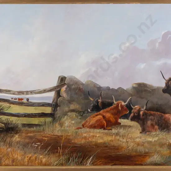 G. Brown [19th c. Scotland] 1874 -- gilt-framed oil on board "Repose" H-280 W-440 [damage to frame lower limb, pieces