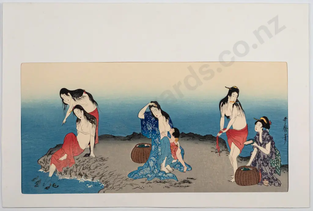 Kitagawa Utamaro -- unframed Japanese woodblock print "Awabi-tori [abalone divers]" H-150 W-305 Image 1++