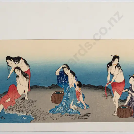 Kitagawa Utamaro -- unframed Japanese woodblock print "Awabi-tori [abalone divers]" H-150 W-305