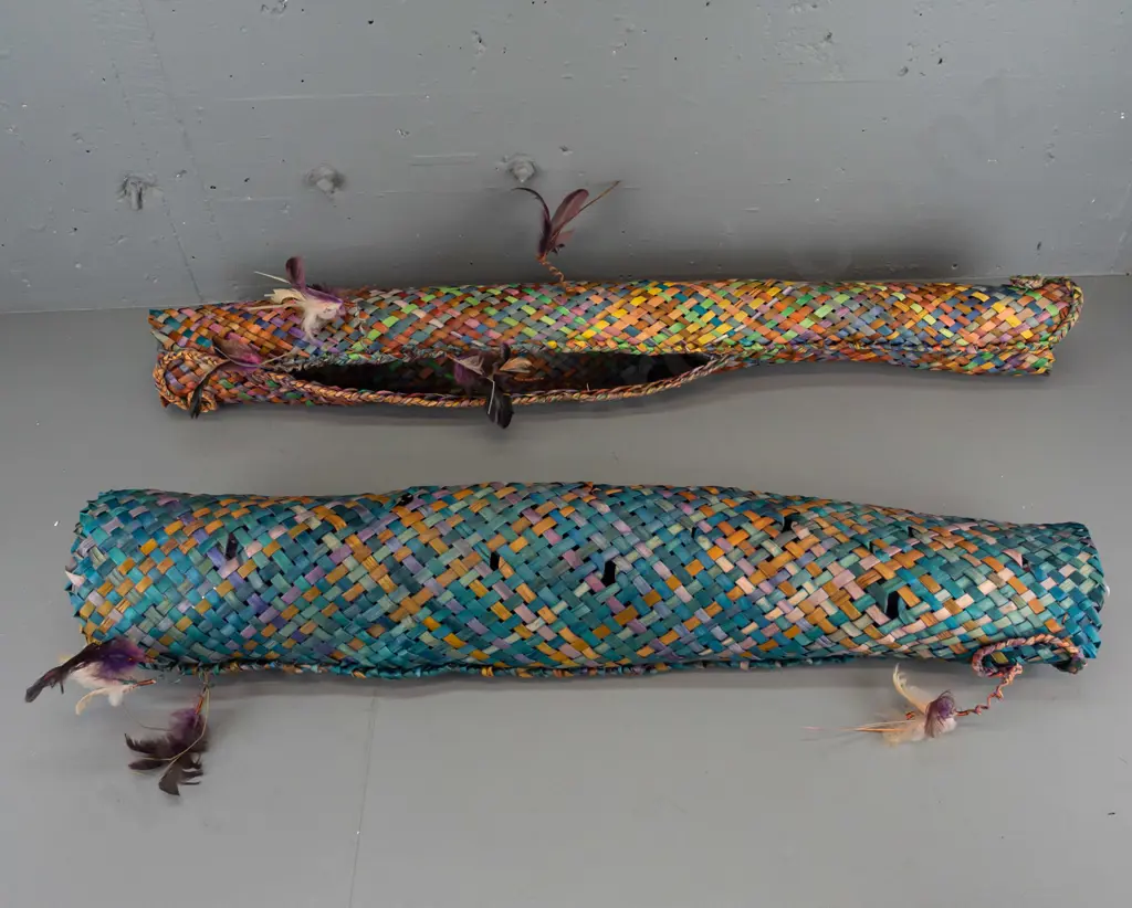 Unknown artist -- hanging harakeke [NZ flax] sculptures "Wairua Flows Between Ranginui and Papatuanuku"  H-1130 D-170 Image 1++