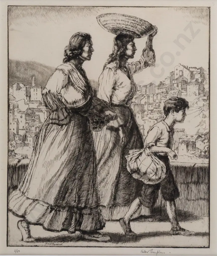 Ernest Heber Thompson -- framed etching on paper, two women & a child H-210 W-180 [light wear to frame] Image 1++