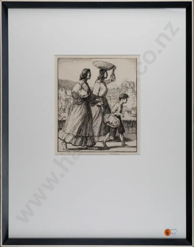 Ernest Heber Thompson -- framed etching on paper, two women & a child H-210 W-180 [light wear to frame] Image 1++