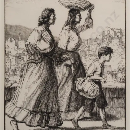 Ernest Heber Thompson -- framed etching on paper, two women & a child H-210 W-180 [light wear to frame]