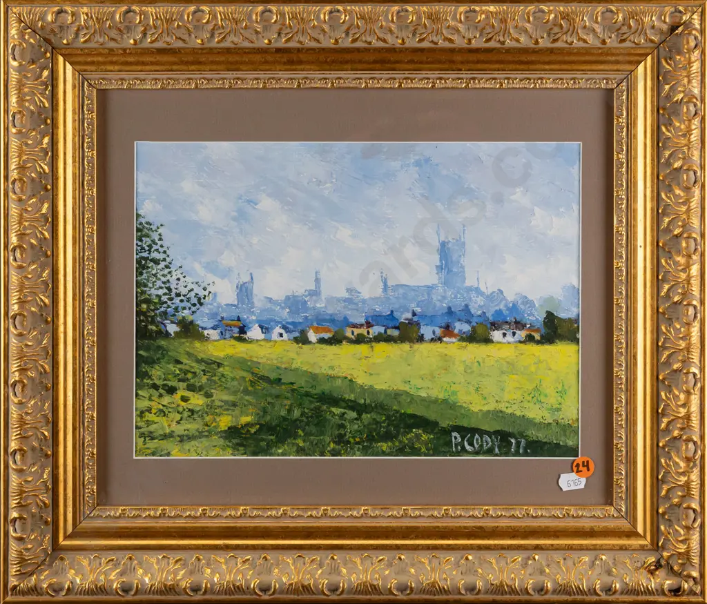 P. Cody 1977 -- landscape with city, gilt-framed and glazed oil on board H-205 W-290 Image 1++