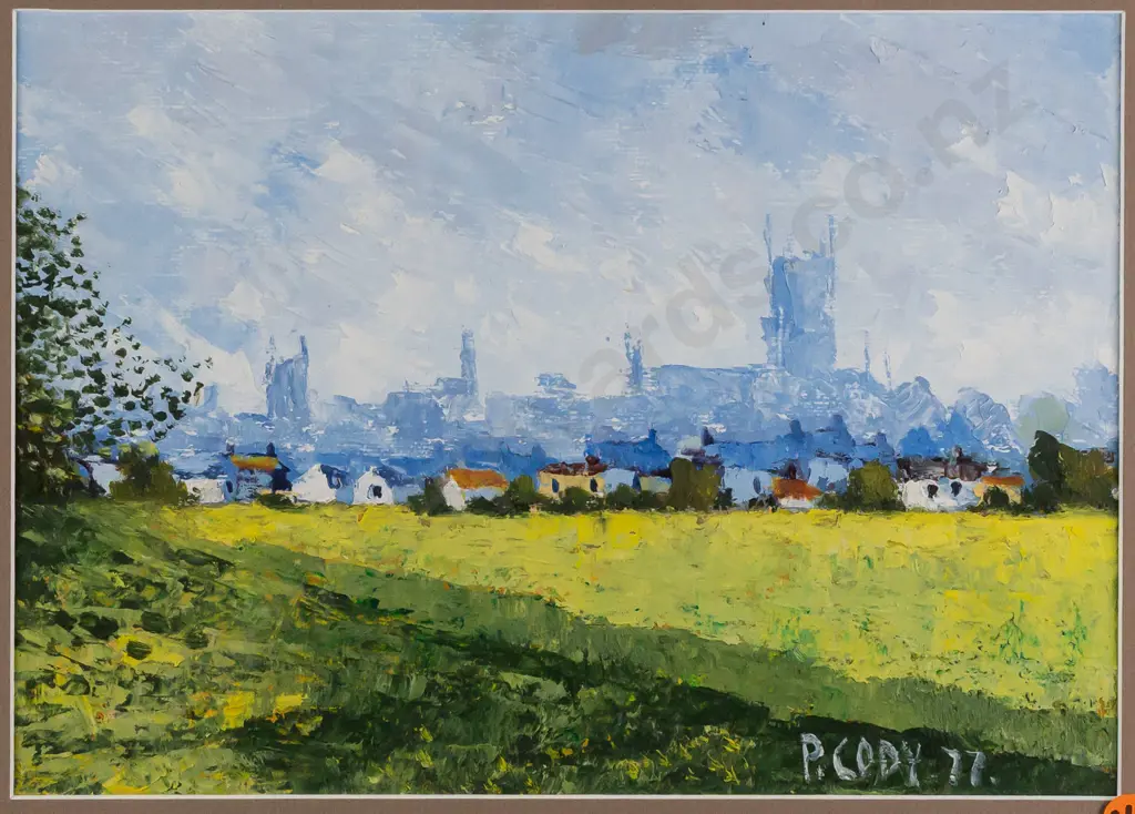 P. Cody 1977 -- landscape with city, gilt-framed and glazed oil on board H-205 W-290 Image 1++