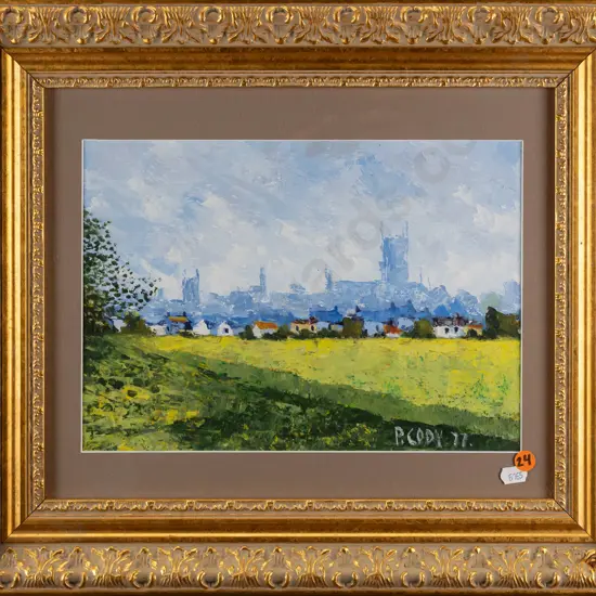 P. Cody 1977 -- landscape with city, gilt-framed and glazed oil on board H-205 W-290