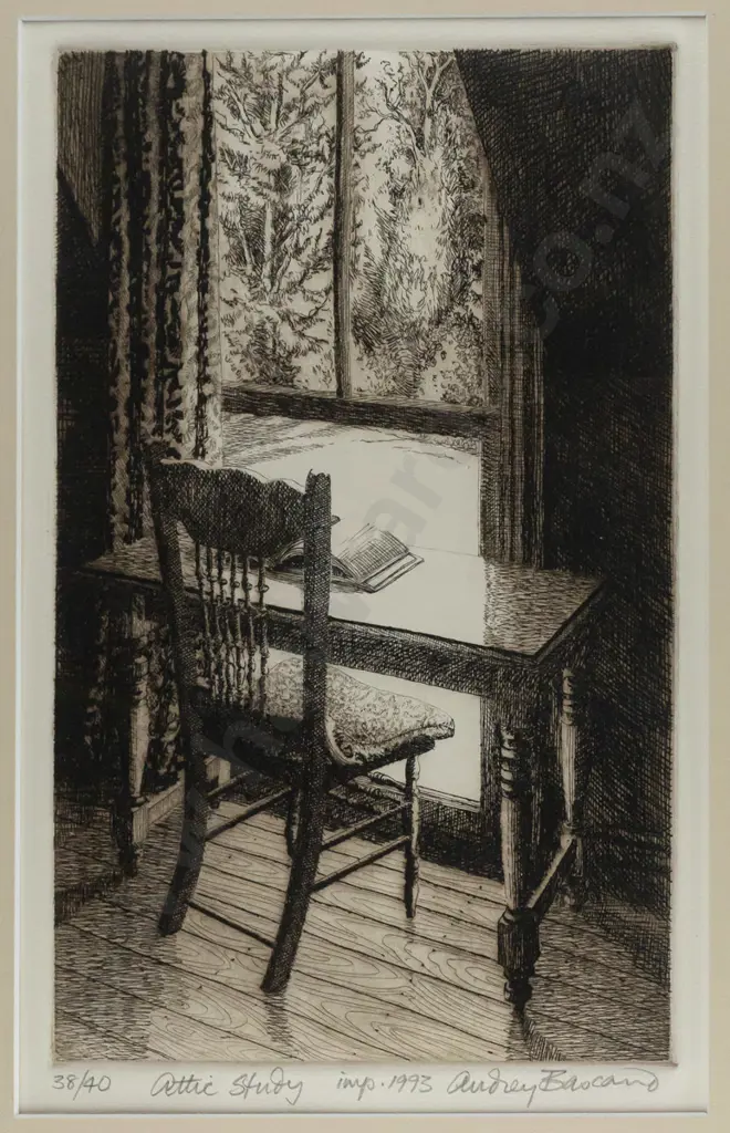 Audrey Bascand 1993 -- framed etching on paper "Attic Study" ed. 38/40 H-290 W-180 Image 1++