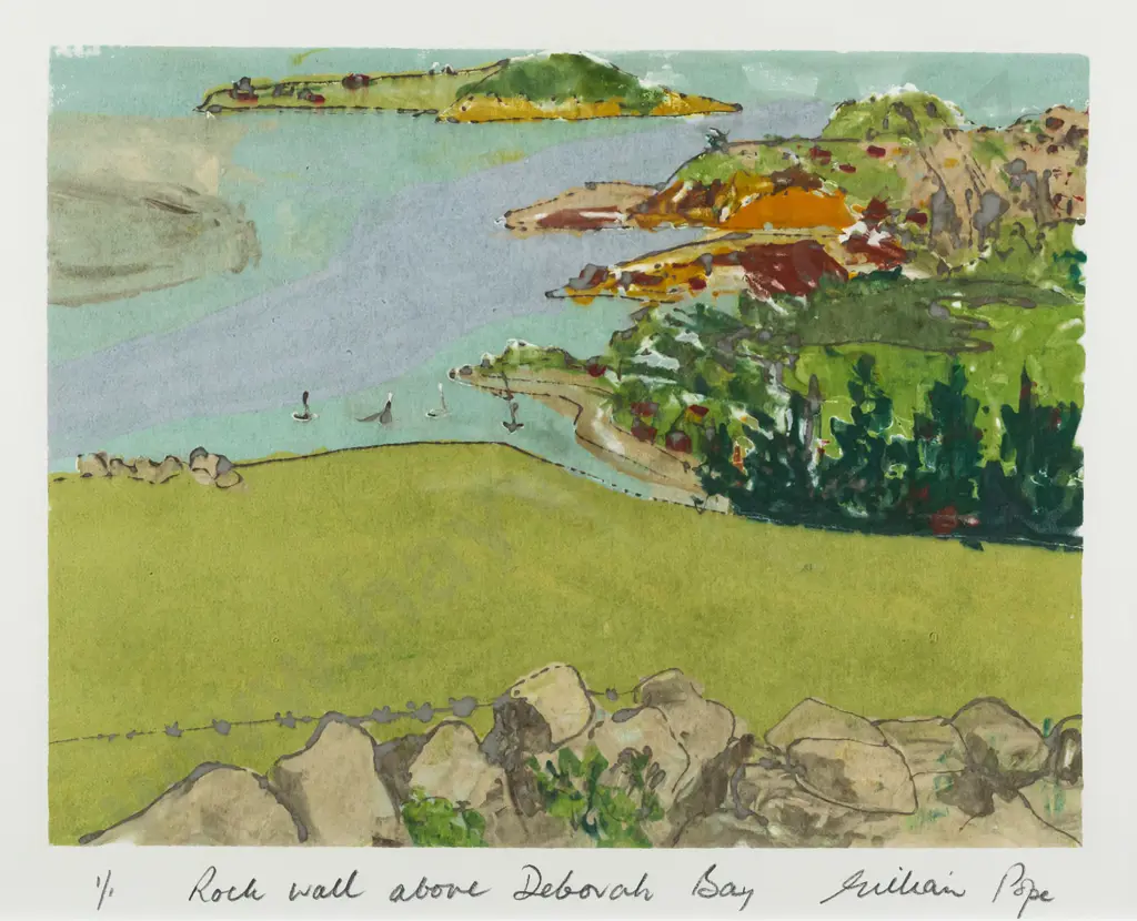 Gillian Pope -- framed mono screenprint "Rock Wall Over Deborah Bay" ed. 1/1 H-215 W-270 Image 1++