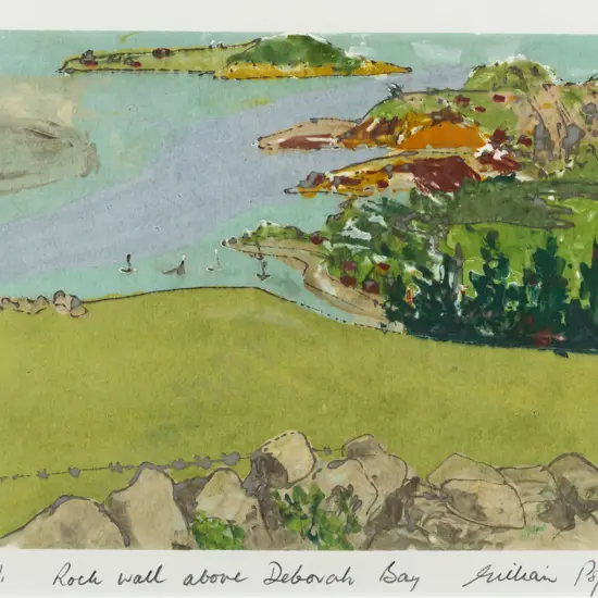 Gillian Pope -- framed mono screenprint "Rock Wall Over Deborah Bay" ed. 1/1 H-215 W-270