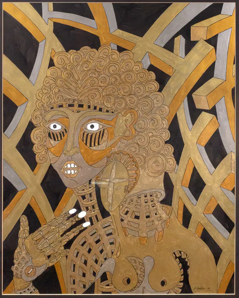 Hans Hakker -- framed ink and metallic paint on paper, surreal figure H-615 W-480 [edge wear to frame] Image 1++