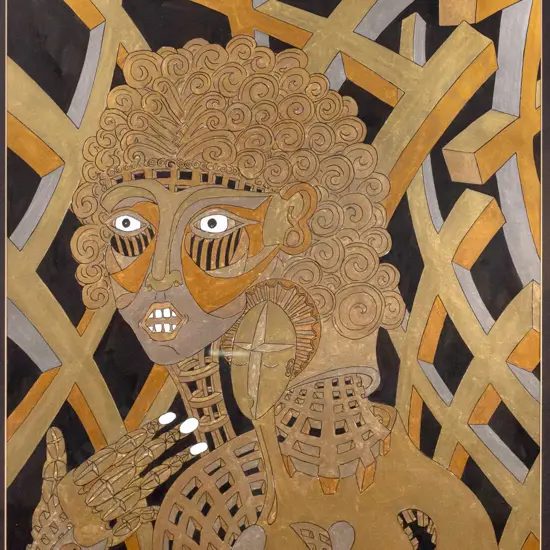 Hans Hakker -- framed ink and metallic paint on paper, surreal figure H-615 W-480 [edge wear to frame]