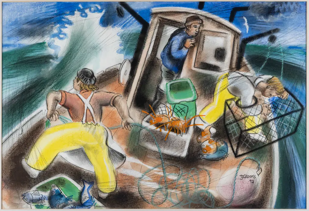 Lindsay Crooks 1992 -- framed mixed media on paper, fishing boat scene, H-360 W-530 [fading to mat, dust under glass] Image 1++