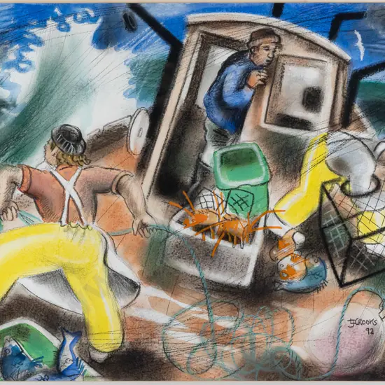Lindsay Crooks 1992 -- framed mixed media on paper, fishing boat scene, H-360 W-530 [fading to mat, dust under glass]