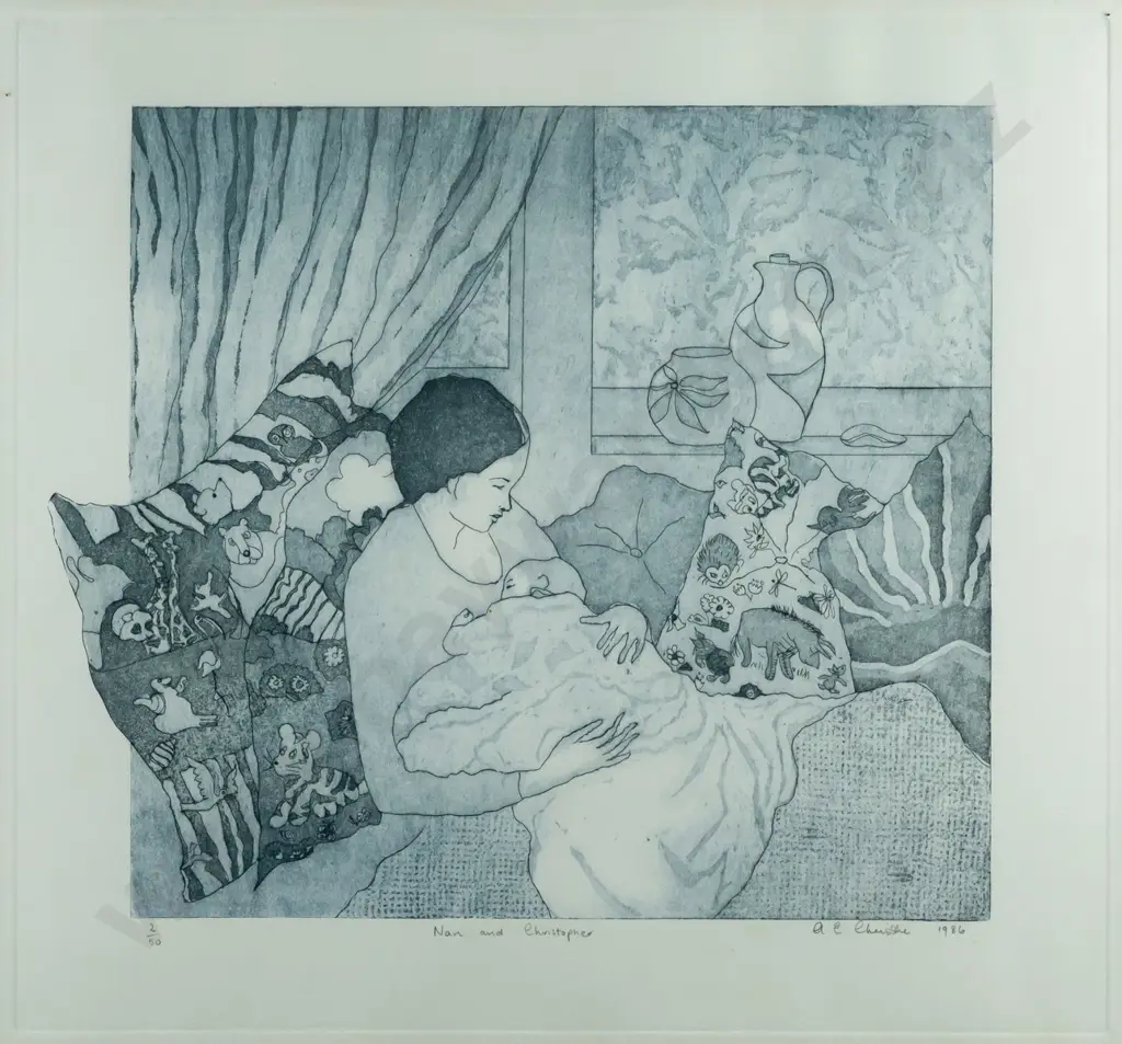 A E Christie 1986 -- framed etching & aquatint on paper "Nan and Christopher" H-365 W-390 [detritus under glass] Image 1++