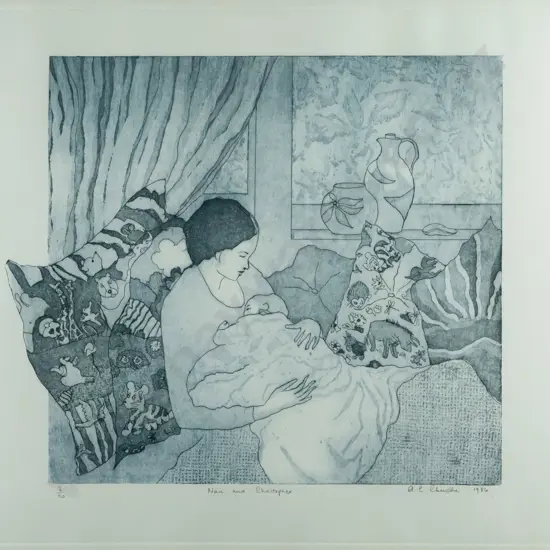 A E Christie 1986 -- framed etching & aquatint on paper "Nan and Christopher" H-365 W-390 [detritus under glass]