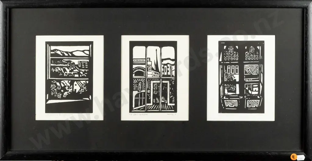 Annie Nevin 2011 -- framed lino cut triptych on paper "Window Series" various editions, H-180 W-505 Image 1++